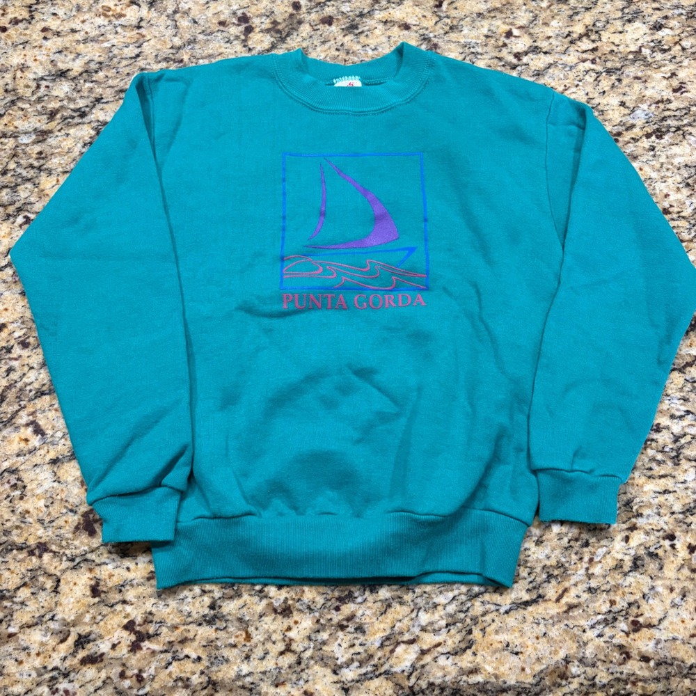 Vintage Jerzees Punta Gorda Sailboat Sweatshirt Kids L 14-16 Teal Made in USA